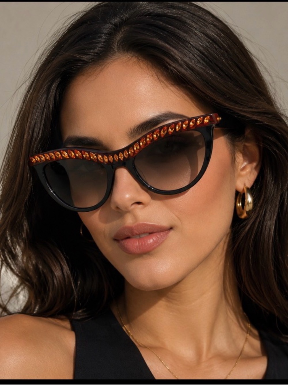 Prada Black Cat-Eye Sunglasses with Amber Crystal Trim made in Italy. - Picture 2 of 8
